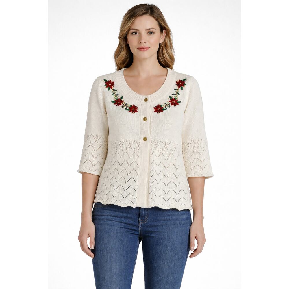CB Career VTG Knit Cardigan Sweater Holiday Poinsettia Christmas Womens Large